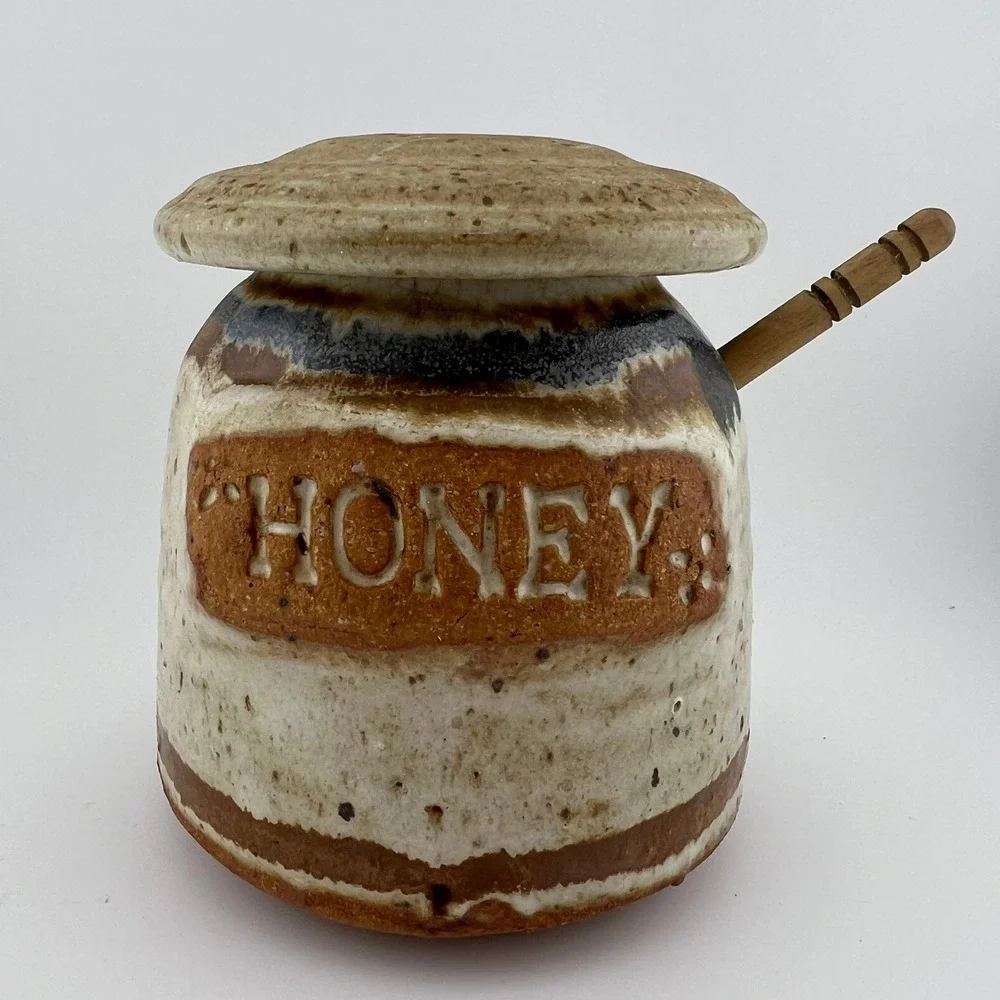 Golden Pottery Honey Jar Crock Lid Wood Dipper Heavy Stoneware Vintage